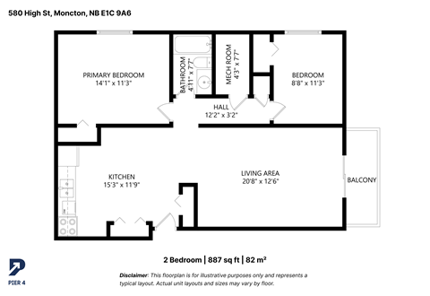 Floor plan for 2 beds, 1 bath, 887 sqft